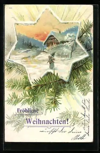 Künstler-AK Weihnachtsmann mit Tannenbaum und blauem Mantel im Schnee