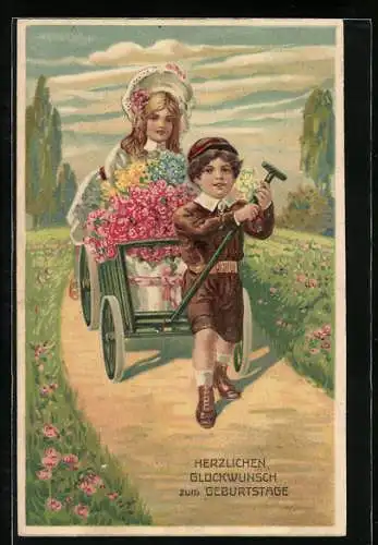 Präge-AK Junges Pärchen mit bunten Blumen als Geschenk zum Geburtstag