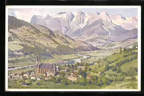 Künstler-AK St. Johann i. Pongau, Ortspanorama mit Tennengebirge