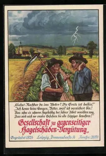 AK Bauern unterhalten sich beim Gewitter über Hagelschäden-Versicherung, Gesellschaft Leipzig, Promenadenstr. 14