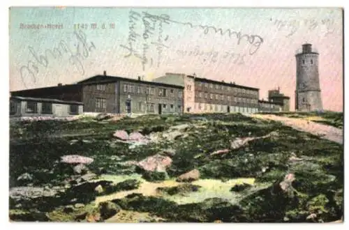 Relief-AK Brocken, Gipfel mit Aussichtsturm und Hotel