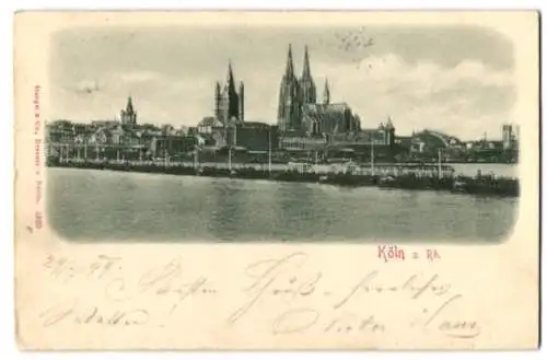 Relief-AK Köln a. Rh., Panorama mit Dom, im Vordergrund die Pontonbrücke