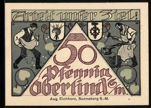 Notgeld Oberlind /S.-M. 1920, 50 Pfennig, Schmied, Bauer und Kirche