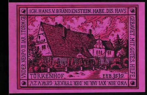 Notgeld Oppurg 1921, 50 Pfennig, Türkenhof aus dem 16. Jahrhundert