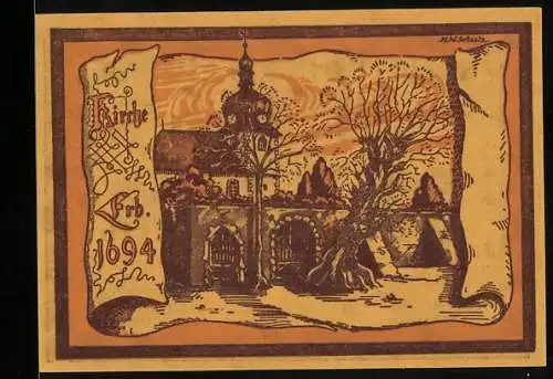 Notgeld Oppurg 1921, 50 Pfennig, Kirche, erbaut 1694