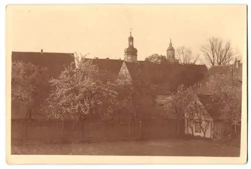 Fotografie unbekannter Fotograf, Ansicht Bornitz, blühende Obstbäume mit Uhrenturm im Hintergrund