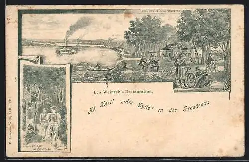 Lithographie Freudenau, Leo Weinreb`s Gasthaus Restauration am Spitz, Raddampfer auf dem Fluss, Radtour