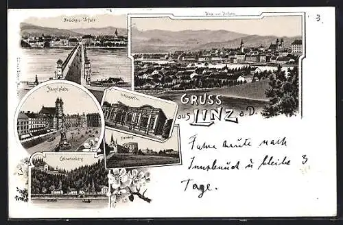 Lithographie Linz a. D., Brücke und Urfahr, Hauptplatz, Volksgarten, Kalverienberg und Freinberg