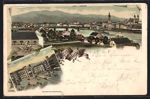 Lithographie Linz, Franz Josef Platz, Ortsansicht mit Donaubrücke