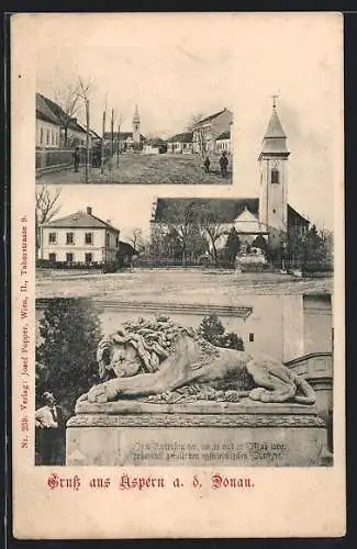 AK Aspern a. d. Donau, Kriegerdenkmal mit einem Löwen, Blick zur Kirche