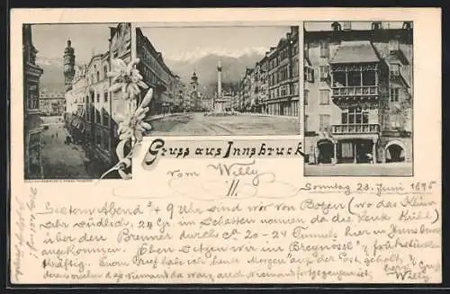 Vorläufer-AK Innsbruck, 1895, Gebäudeansicht, Denkmal, Strassenpartie