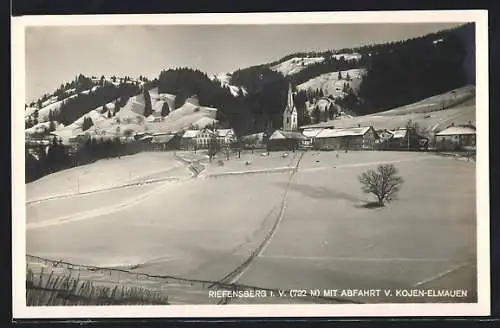 AK Riefensberg /Vorarlberg, Ortsansicht mit Kirche und Abfahrt von Kojen-Elmauen