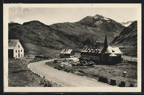 AK St. Christoph a. Arlberg, Strassenpartie mit Kirche gegen Sulzkopf