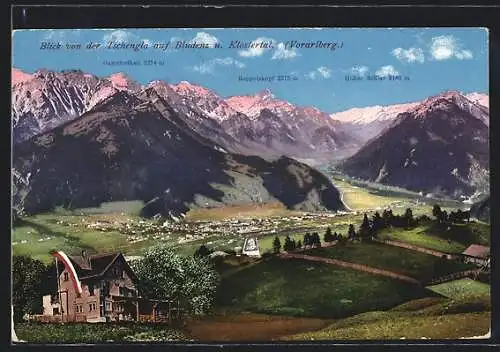 AK Bludenz, Blick vom Gasthaus auf der Tschengla auf die Stadt und ins Klostertal