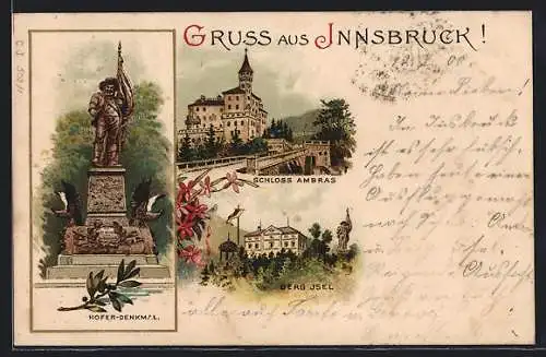 Künstler-AK Innsbruck, Schloss Ambras, Hofer-Denkmal und Berg Isel