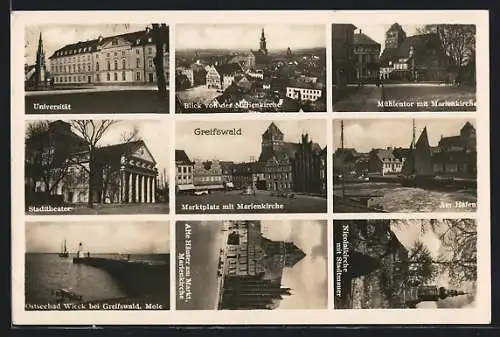 AK Greifswald, Universität, Mühlentor mit Marienkirche