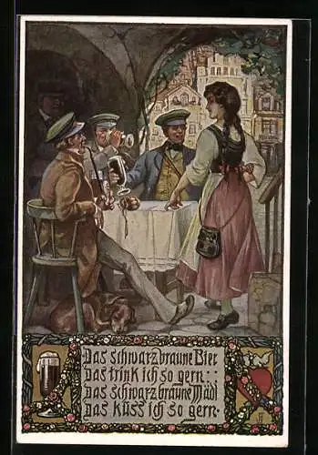 AK Volksliederkarte Nr. 6, Das schwarzbraune Bier, Student mit Kellnerin