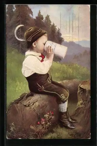 Künstler-AK Kleiner Junge trinkt ein Bier im Wald