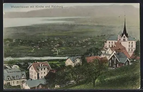 AK Walzenhausen, Ortsansicht mit Kirche und Rheinburg