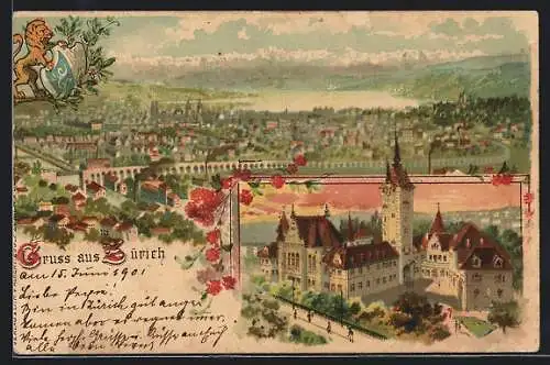 Lithographie Zürich, Stadtansicht und Landesmuseum