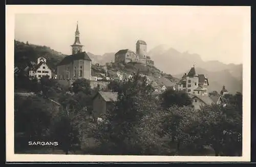 AK Sargans, Ortsansicht mit Kirche und Burg