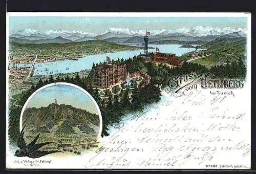 Lithographie Zürich, Gruss vom Uetliberg, Restauration-Hotel mit Schweizer Fahnen