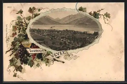 Lithographie Vevey, Teilansicht, Weinglas- und Trauben, Passepartout