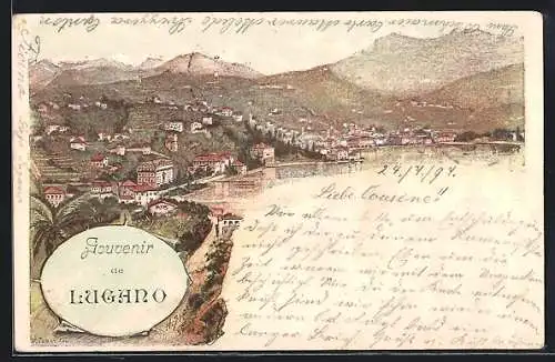 Lithographie Lugano, Teilansicht mit Bergen