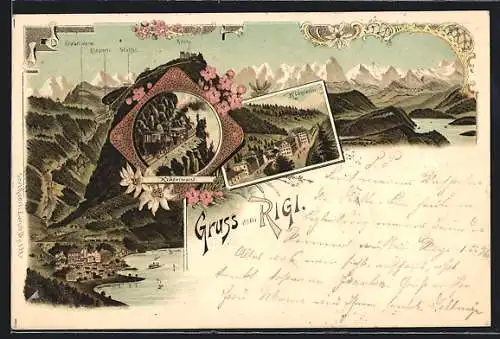 Lithographie Rigi, Klösterli, Kräbelwand, Panorama mit Kulm und Staffel