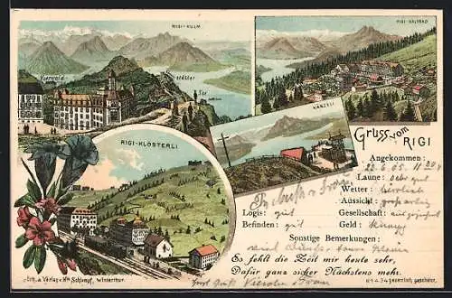 Lithographie Rigi-Klösterli, Rigi-Kulm, Känzeli, Vierwaldstättersee, Eisenbahn