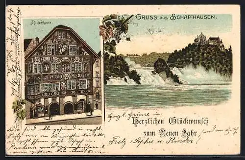 Lithographie Schaffhausen, Blick auf Rheinfall und Ritterhaus