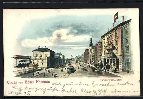 Künstler-AK Schaffhausen, Hotel National mit Strassenbahn