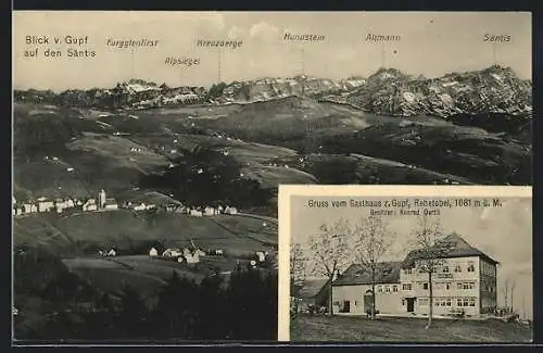 AK Rehetobel, Gasthaus z. Gupf mit Blick auf den Säntis, Altmann, Kreuzberge und Hundstein