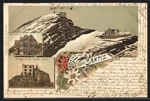 Lithographie Säntis, Gasthof Säntis und Meteorologische Station