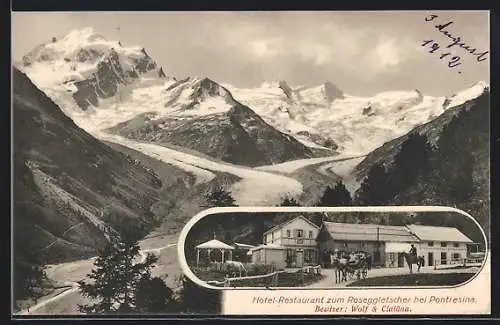 AK Pontresina, Hotel-Restaurant zum Roseggletscher Wolf & Clalüna, Panorama