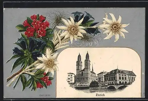 AK Zürich, Uferpartie mit Kirche, Alpenblumen, Passepartout