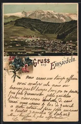 Lithographie Einsiedeln, Ortsansicht mit Stiftsgelände gegen die Berge