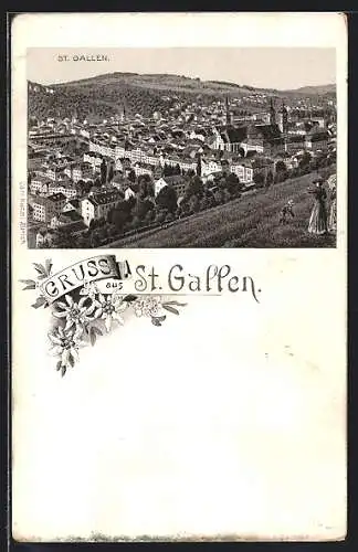 Lithographie St. Gallen, Ortsansicht vom Berg aus