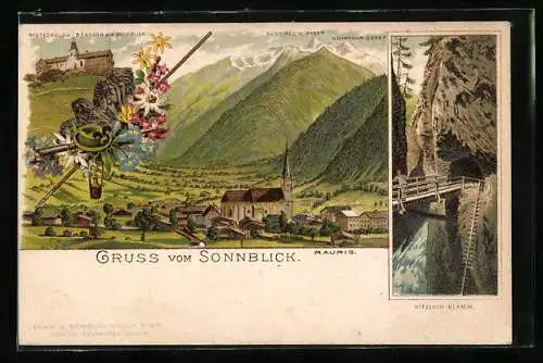 Lithographie Rauris, Meteorolog. Station a. d. Sonnblick, Kitzloch-Klamm, Ortsansicht mit Hohenaar und Sonnblick