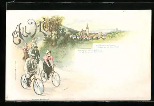 Lithographie feine Leute mit Fahrrädern auf Radtour