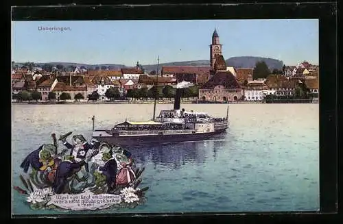 AK Ueberlingen / Bodensee, Ortsansicht mit Dampfer auf dem See