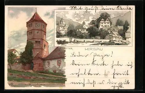 Künstler-Lithographie K. Mutter: Hirsau, Kirchturm und Ortsansicht