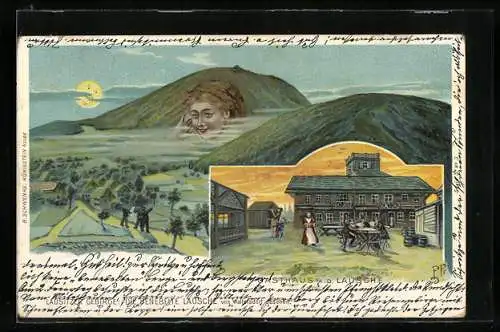 Lithographie Schwenke Serie 5 Nr. 3: Waltersdorf, Gasthaus an der Lausche, Berg mit Gesicht / Berggesichter