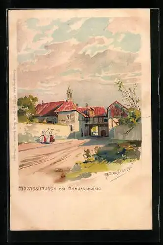 Künstler-Lithographie Zeno Diemer: Riddagshausen, Ortsansicht