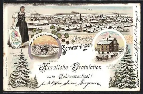 Winter-Lithographie Schwenningen / Neckar, Rathaus, Neckarquelle, Hölzle-Königin