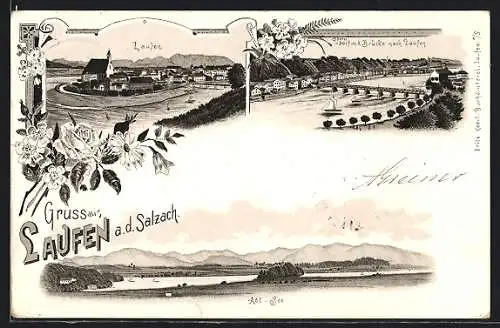 Lithographie Laufen a. d. Salzach, Teilansicht mit Kirche, Oberndorf mit der Brücke nach dem Ort, Abt-See