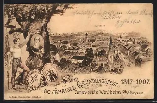 Künstler-AK Weilheim /Obb., 60 Jähriges Gründungsfest d. Turnvereines 1907, Totalansicht
