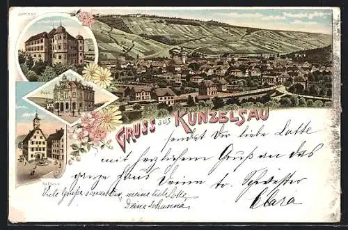 Lithographie Künzelsau, Panorama mit Seminar, Post und Rathaus