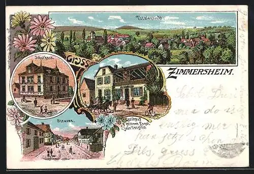 Lithographie Zimmersheim, Gasthaus zum goldenen Engel, Strasse, Schule