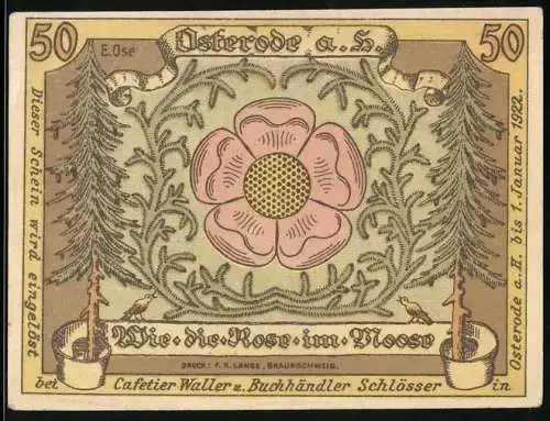 Notgeld Osterode a. H. 1922, 50 Pfennig, Rose und historische Figuren